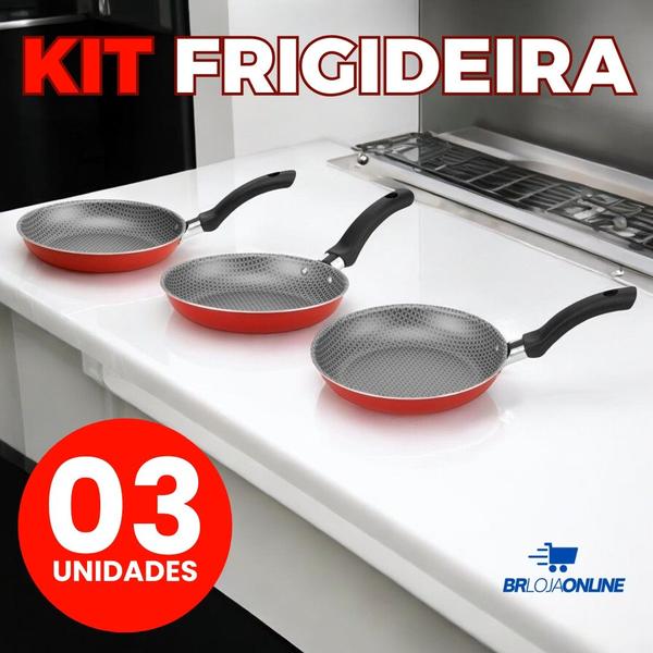 Imagem de Kit de Frigideiras Antiaderentes 3 Peças Vermelhas Praticidade, Durabilidade e Cozinha Saudável