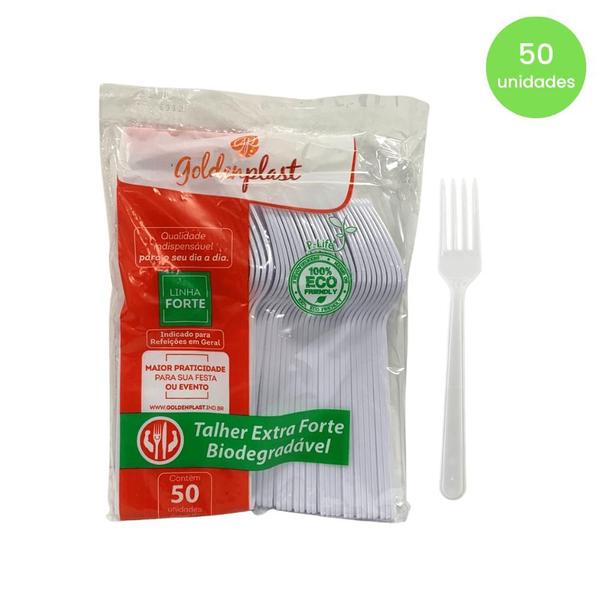 Imagem de Kit de Garfo para Refeição 17,5cm Branco Reforçado Biodegradável Goldenplast 2 Pacotes com 50 unidades