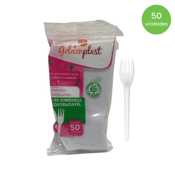 Imagem de Kit de Garfo para Sobremesa 12,5cm Branco Biodegradável Goldenplast 4 Pacotes com 50 unidades