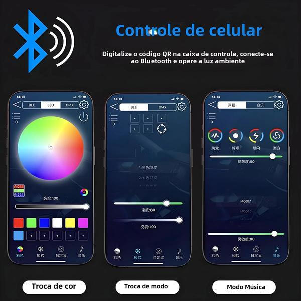 Imagem de Kit de Iluminação Ambiente RGB para Carro com 64 Cores - Controle via App e Controle Remoto