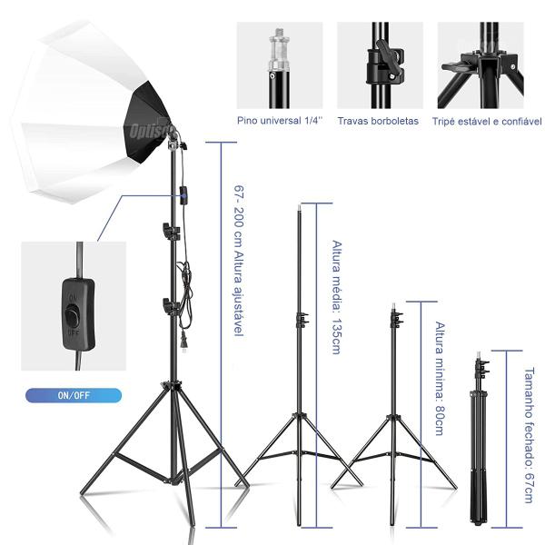 Imagem de Kit De Iluminação Contínua Softbox Octagonal 70cm Com Soquete Simples + Tripé 2 Metros