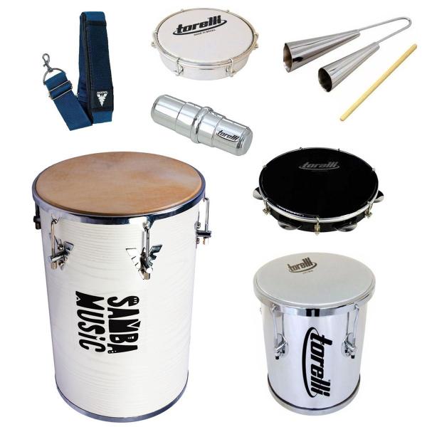Imagem de Kit de instrumentos samba completo rebolo branco + repique alumínio torelli + pandeiro