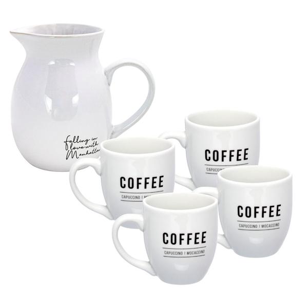 Imagem de Kit De Jarra Para Leite Café 1 Litro E 4 Canecas De Porcelana Branca 300ml