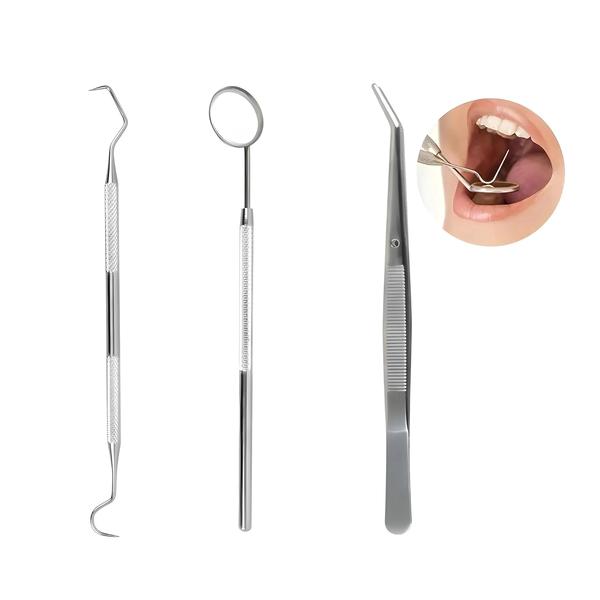 Imagem de Kit de Limpeza Dental com 3 Pinças de Espelho de Aço Inoxidável