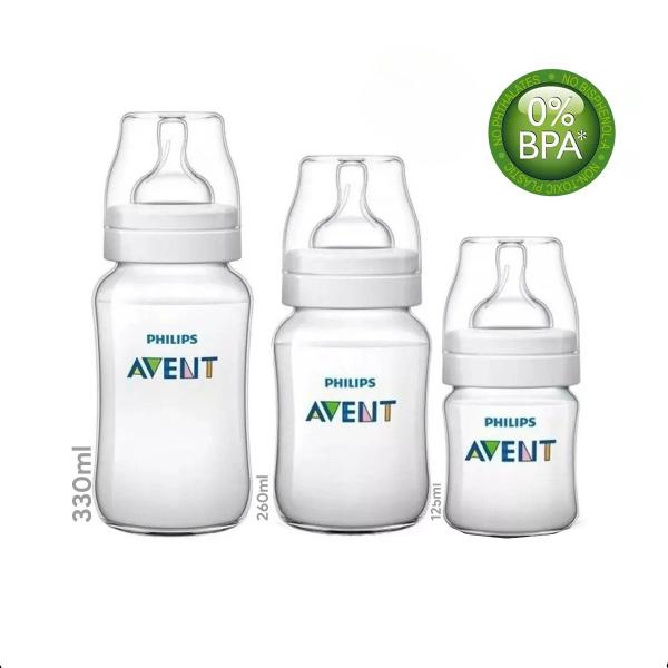 Imagem de Kit de Mamadeira Avent Clássica Transparente Philips Avent 125ml, 260ml e 330ml SCD809/41