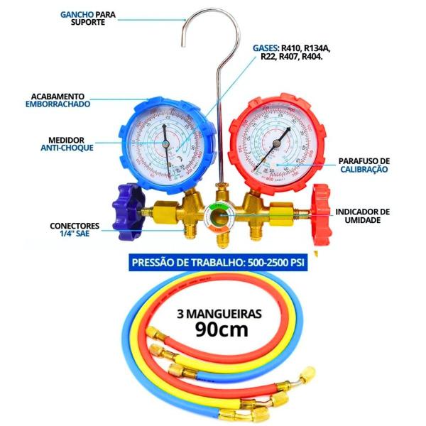 Imagem de Kit de Manifold Profissional R410 e R22 Vulkan + 3 Mangueiras 90CM Ar Condicionado