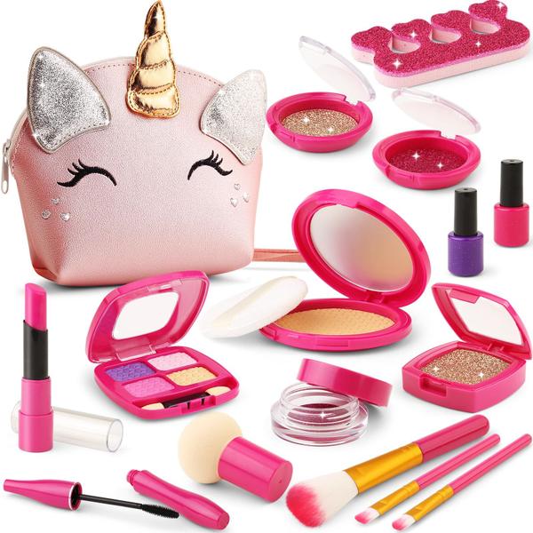 Imagem de Kit de maquiagem Pretend WESAYEE Bolsa de brinquedo Unicorn para meninas de 3 a 7 anos