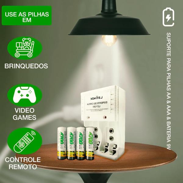 Kit de Pilhas Recarregáveis 4 unidade + Carregador 110 220 V - Cumaru Imagem de Kit de Pilhas Recarregáveis 4 unidade + Carregador 110 220 V