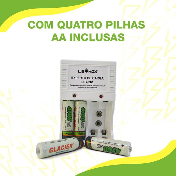 Kit de Pilhas Recarregáveis 4 unidade + Carregador 110 220 V - Cumaru Imagem de Kit de Pilhas Recarregáveis 4 unidade + Carregador 110 220 V