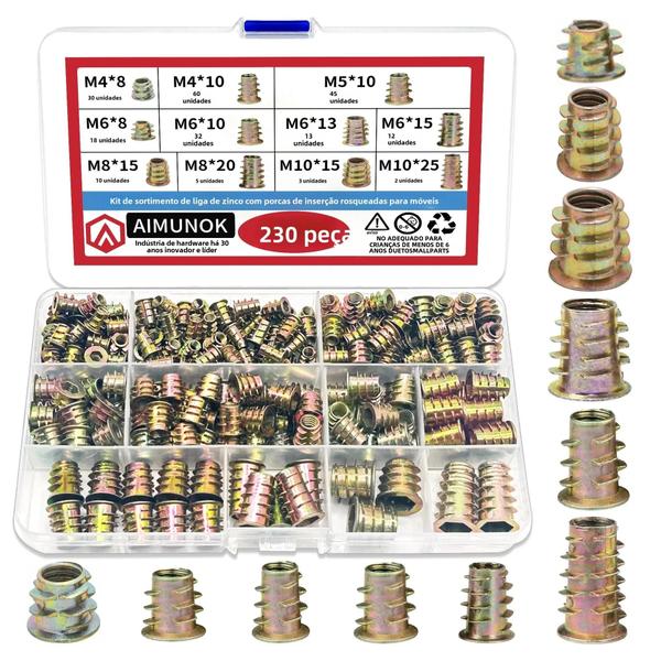 Imagem de Kit de Porcas de Inserção de Madeira com Rosca Hexagonal - 11 Tamanhos (M4/M5/M6/M8/M10)