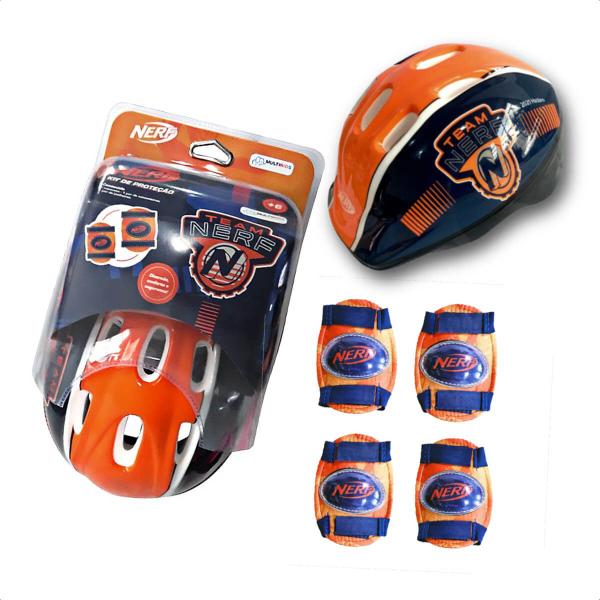 Imagem de Kit de Proteção Nerf Capacete Joelheira Cotoveleira Infantil Diversão Esportes Azul Laranja +6 anos Multikids - BR1440