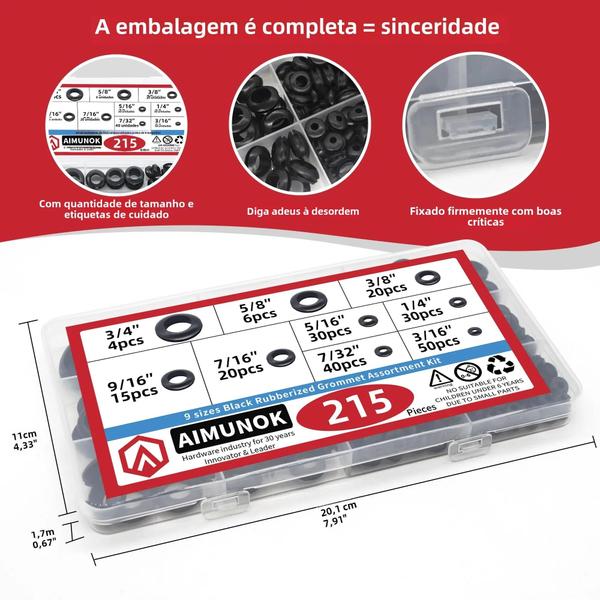 Imagem de Kit De Sortimento De Ilhós De Borracha Preta 215 Peças 9 Tamanhos Junta De Anel De Ilhó 3/16 "a 3/4"