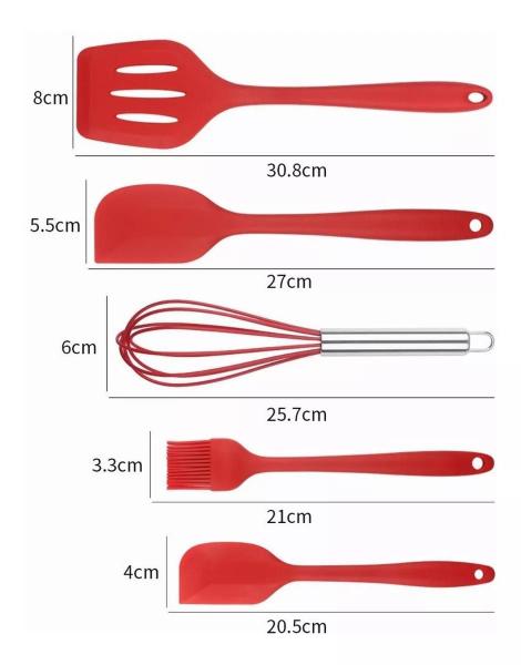 Imagem de Kit de Talheres Utensílios de Cozinha Silicone Colher Espátula Pincel Fouet 5 peças Vermelho