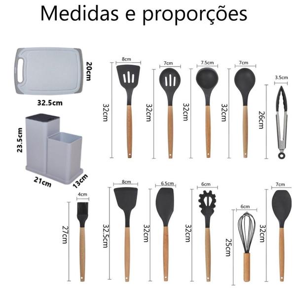 Imagem de Kit de utensilio 19 peças silicone com cabo de madeira e jogo de facas