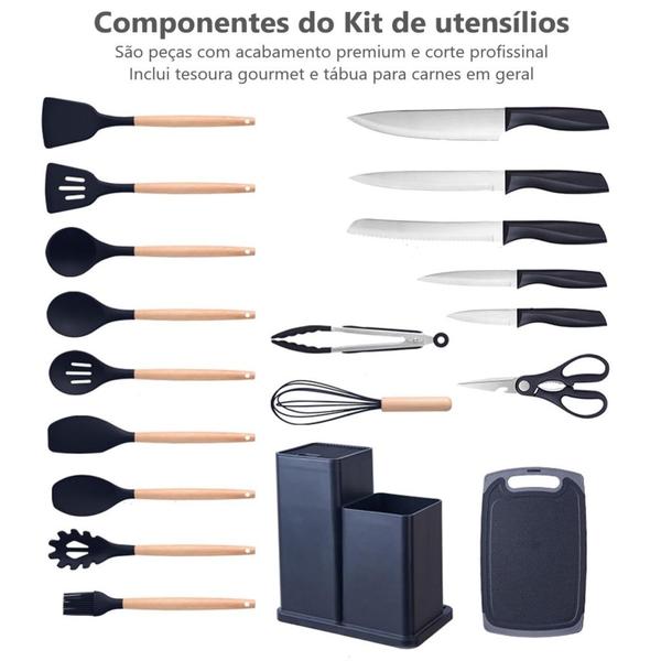 Imagem de Kit de utensilio 19 peças silicone com cabo de madeira e jogo de facas