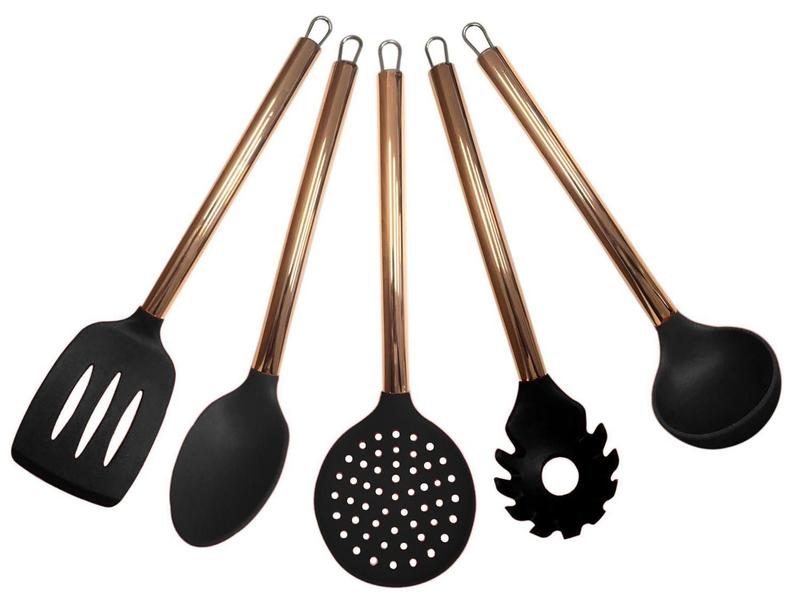 Imagem de Kit de Utensilio em Silicone Preto com Cabo em Rosê-Gold