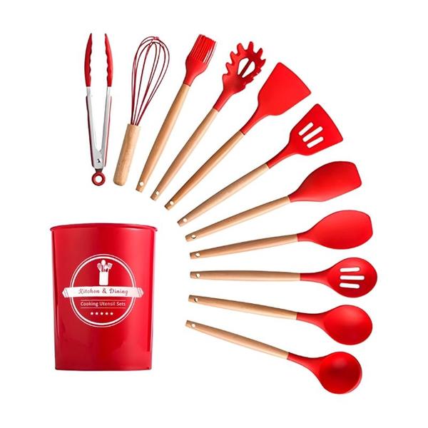 Imagem de Kit de Utensílios Cozinha Vermelho 12 Peças Madeira/Silicone