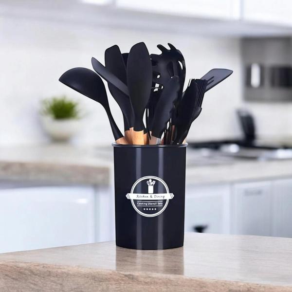 Imagem de Kit de utensílios de cozinha, 12 peças, Antiaderente, silicone e madeira , Cor Preto