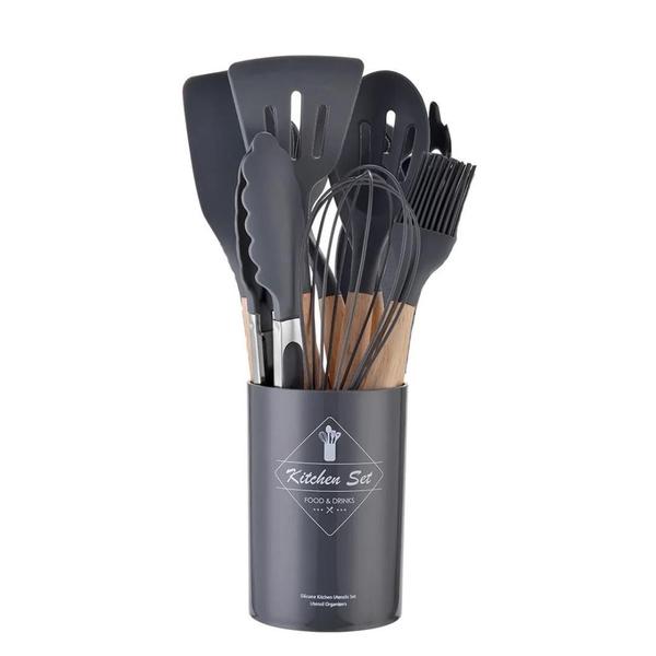 Imagem de  Kit de Utensílios de Cozinha 12 Peças: Colheres, Espátulas, Pegador de Silicone e Suporte Prático para Organizar!