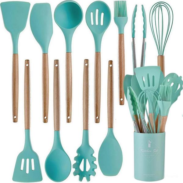 Imagem de  Kit de Utensílios de Cozinha 12 Peças: Colheres, Espátulas, Pegador de Silicone e Suporte Prático para Organizar!