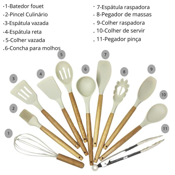 Imagem de Kit de Utensílios de Cozinha 19 Peças Completo Silicone Cabo Madeira Jogo Faca