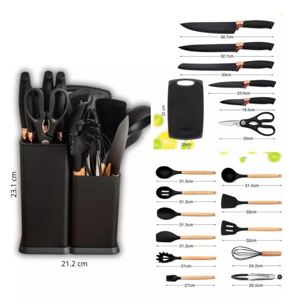 Imagem de Kit de Utensílios de Cozinha 19 Peças Completo Silicone Cabo Madeira Jogo Faca