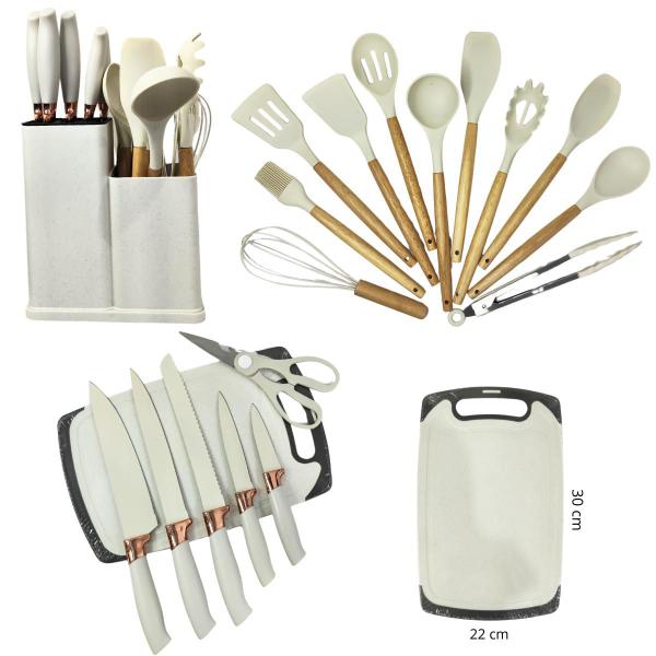 Imagem de Kit de Utensílios de Cozinha 19 Peças Completo Silicone Cabo Madeira Jogo Faca