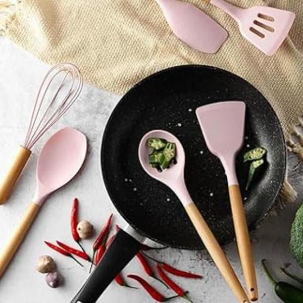 Imagem de Kit de Utensílios de Cozinha Rosa 12 Peças Madeira/Silicone