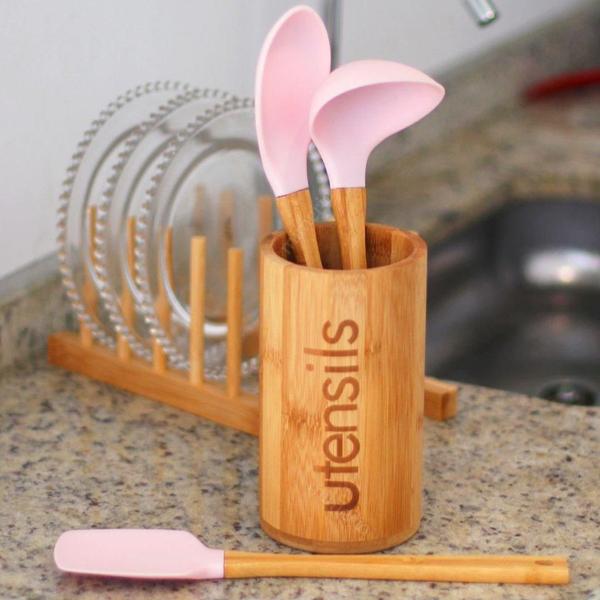 Imagem de Kit de Utensílios de Silicone com Cabo de Bambu Soft 3 Peças Rosa