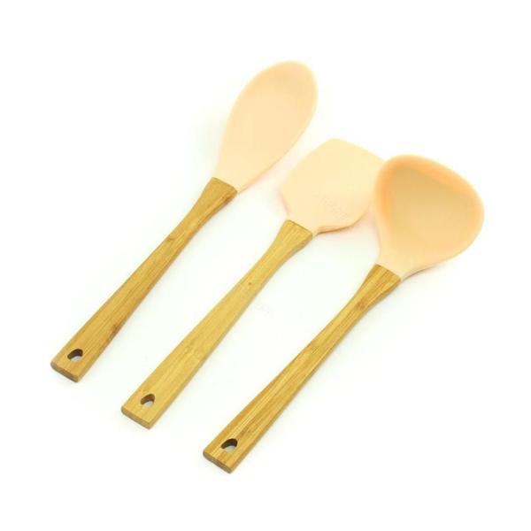 Imagem de Kit de Utensílios de Silicone com Cabo de Bambu Soft 3 Peças Salmão