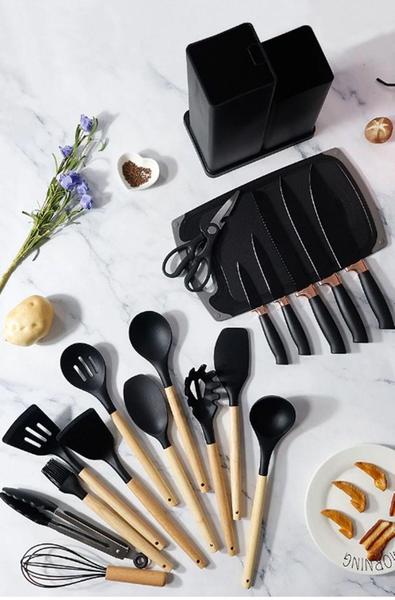 Imagem de Kit de Utensílios Em Silicone 18 Peças Califórnia Preto Com suporte de facas e tábua - Ke home