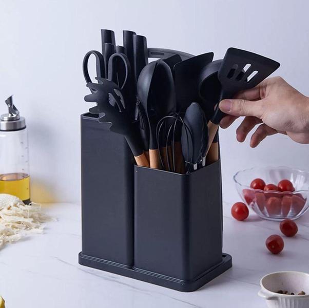 Imagem de Kit de Utensílios Em Silicone 18 Peças Califórnia Preto Com suporte de facas e tábua - Ke home