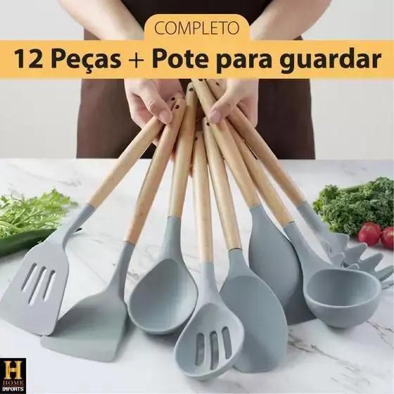 Imagem de Kit de Utensílios Para Cozinha 12 Peças, de Silicone e Cabo de Madeira, Antiaderente. Possui Espátulas, Colheres, Pegadores, Fouet, Pincel e Suporte 