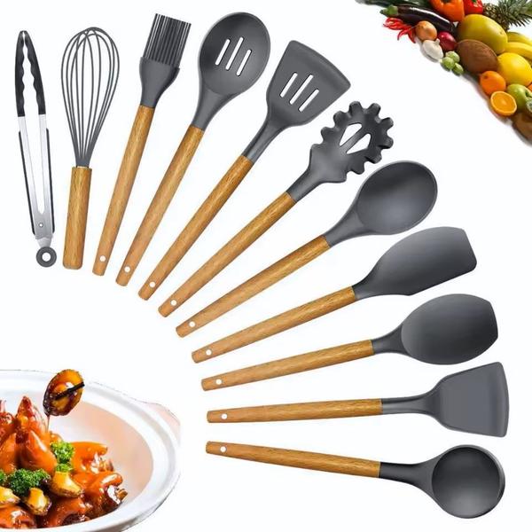 Imagem de Kit de Utensílios Para Cozinha em Silicone e Bambu 12 Peças