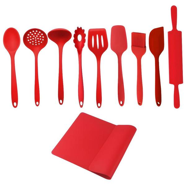 Imagem de Kit De Utensílios Para Cozinha Em Silicone Inteiriço Vermelho 10 Peças Espátula Colher Espumadeira