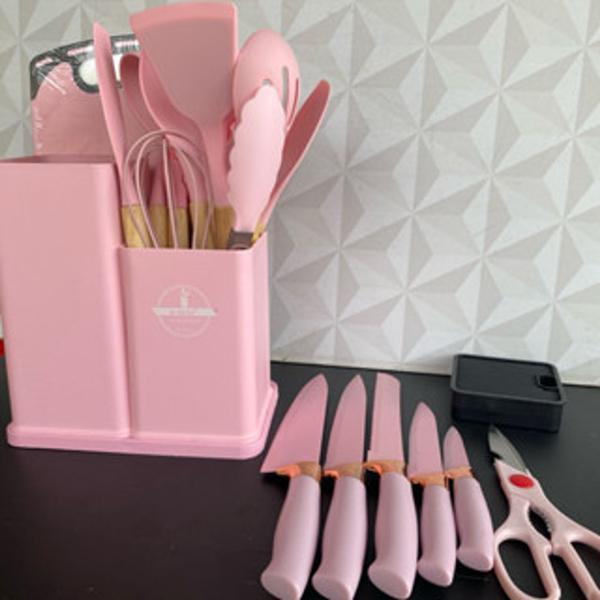 Imagem de Kit de utensílios rosa de silicone faca e tábua com 19 peças de cozinha - colher espátula pegador