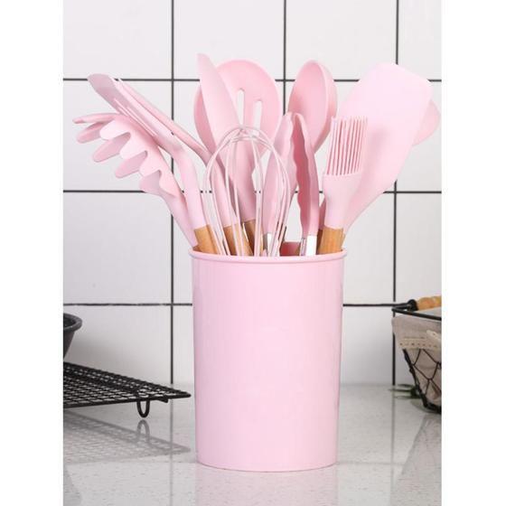 Imagem de Kit De Utensílios Silicone E Madeira p/ Cozinha 12 Peças Rosa