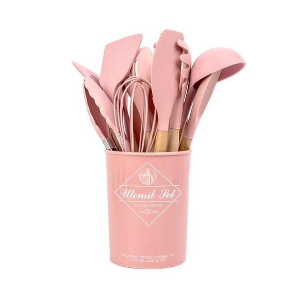 Imagem de Kit De Utensílios Silicone E Madeira P/ Cozinha 12 Peças ROSA