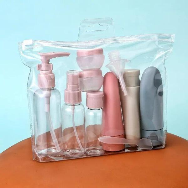 Imagem de Kit de Viagem com 11 Itens Frascos Potes Spray para Cremes Shampoo Perfume com Bolsa de Transporte