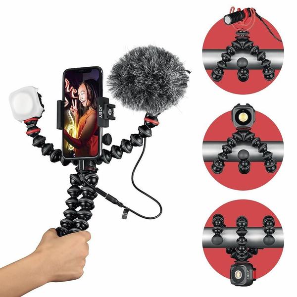 Imagem de Kit de vlog Joby GorillaPod Mobile com microfone Wavo e luz Beamo