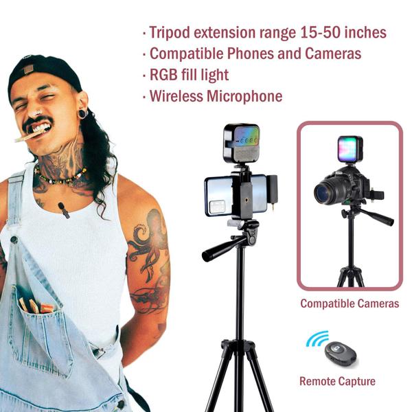 Imagem de Kit de vlog para iPhone, kit inicial do YouTube, kit Youtuber, kit essencial para criadores de conteúdo para iniciantes para telefone Android, kit de câmera de vlog com tripé extensível/microfone sem fio/luz de preenchimento RGB