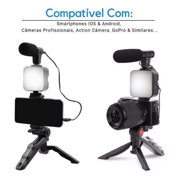 Imagem de Kit de vlog para smartphone câmera e vídeo vlog kit para com luz + microfone + tripé + suporte de telefone para vlogging