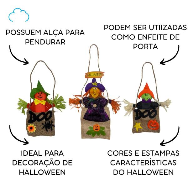 Imagem de Kit decoração bruxinha abóbora espantalho halloween assustador juta - 3 unidades