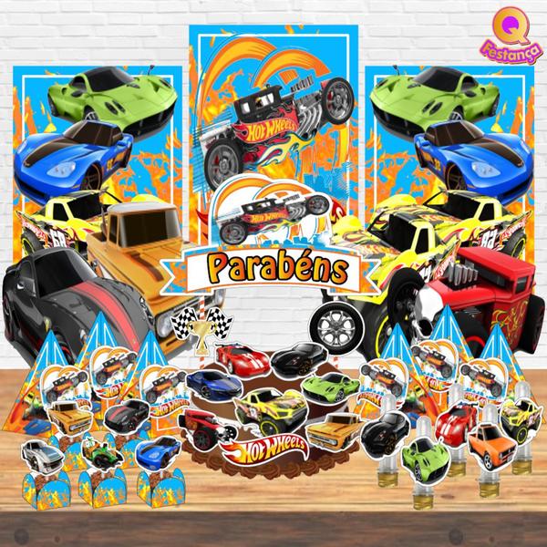 Imagem de Kit Decoração de Festa Aniversário Bolo Topper Hot Wheels  Qfestança -78 Itens