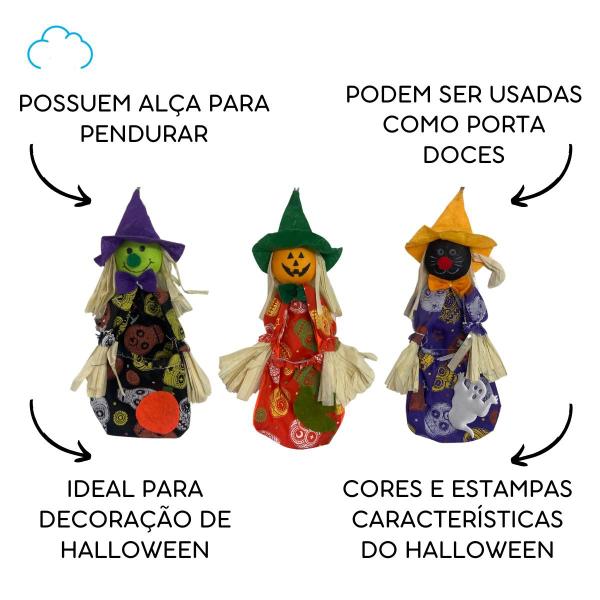 Imagem de  Kit decoração halloween bruxa gato preto abóbora enfeite para pendurar - 3 unidades