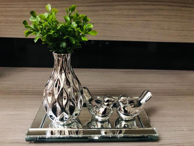 Kit Decoração Sala Vaso Cerâmica Bandeja Vidro Enfeite Mesa