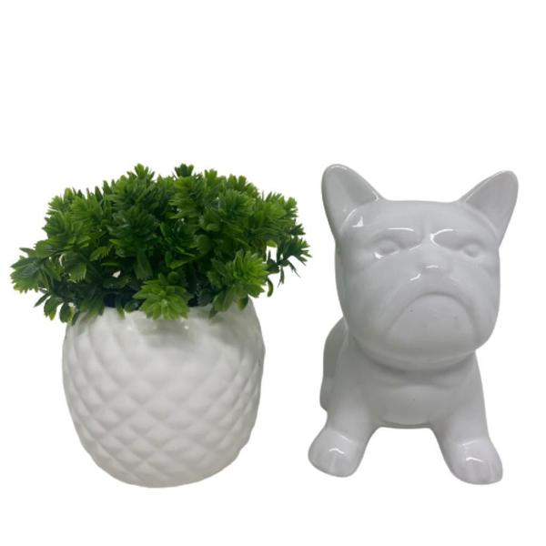 Imagem de Kit decorativo vaso trabalhado e bulldog grande branco