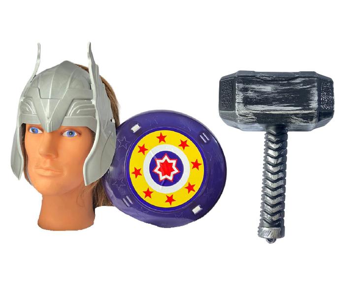 Kit Defensor Medieval c/ Escudo, Máscara Prata e Martelo - Le plastic Imagem de Kit Defensor Medieval c/ Escudo, Máscara Prata e Martelo