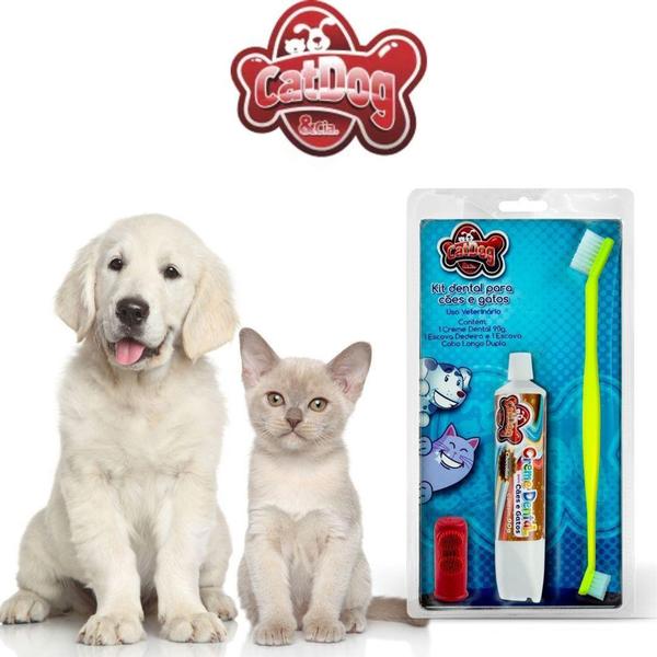 Imagem de KIT DENTAL PET ESCOVA DUPLA + DEDEIRA + CREME CHOCOLATE 90g - CatDog & Cia