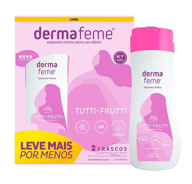 Kit Dermafeme Sabonete Líquido Íntimo Tutti-Frutti 2 unidades de 200ml - Cimed Imagem de Kit Dermafeme Sabonete Líquido Íntimo Tutti-Frutti 2 unidades de 200ml